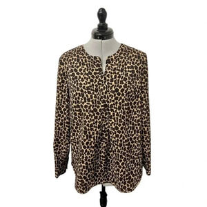 Talbots Womens Leopard Print Blouse 1/2 Hidden Button Down Tunic Top Size Mp